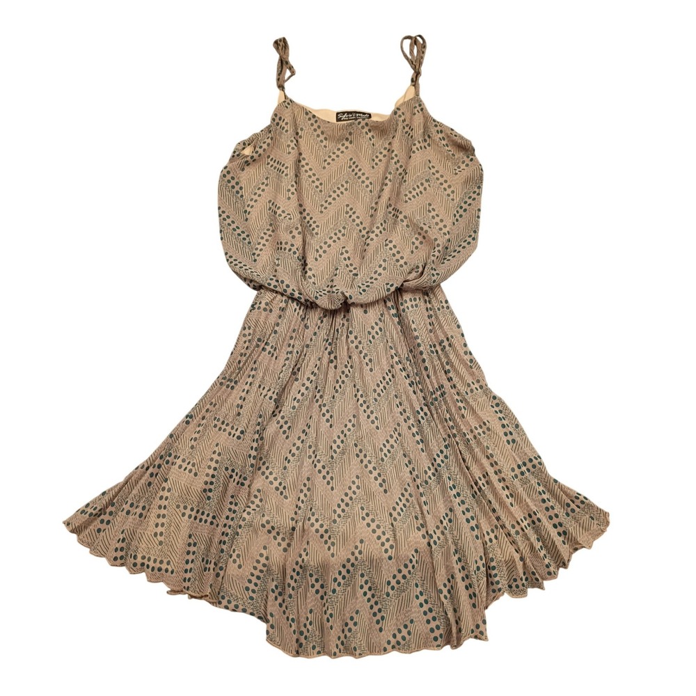 Sylvie & Mado Geometric Chevron Polka Dot Dress Womens M Tan Teal D40624 Boho